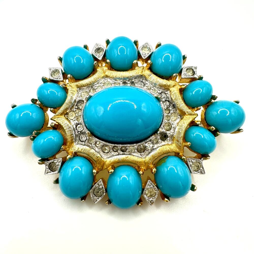 Polcini vintage gold tone clear rhinestones turquoise glass cabochons brooch